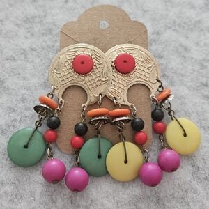 Vintage 1980s Colourful‎ Beaded Moon Statement Earrings
